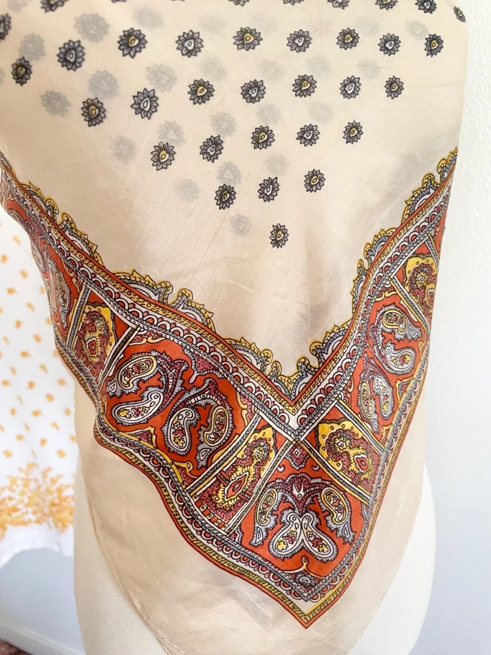 Vintage Beige Orange Paisley Square Scarf 32” Silky Boho Kerchief